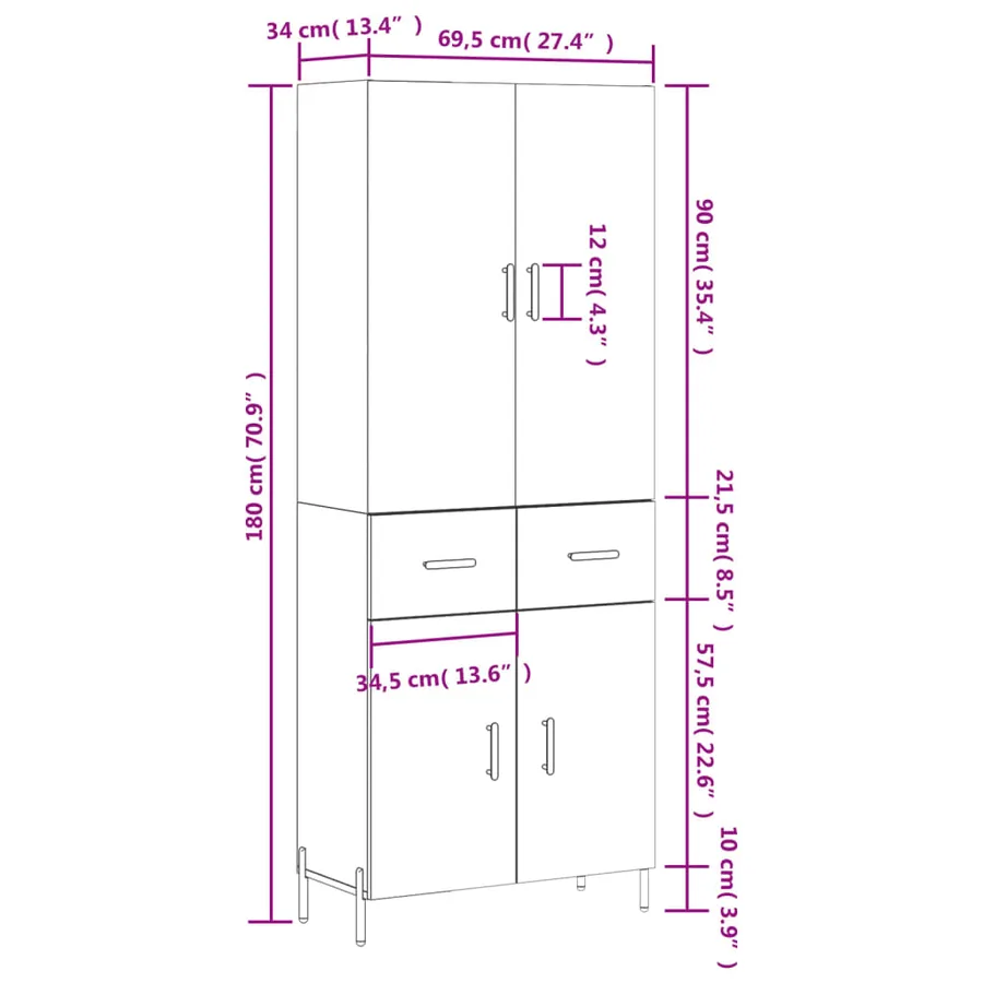 Buffet haut Sonoma gris 69,5x34x180 cm Bois d'ingénierie - 14