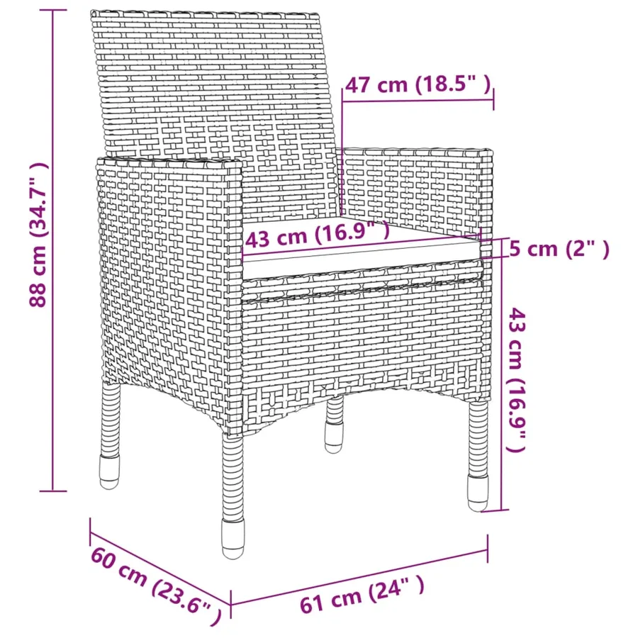 Ensemble à manger d'extérieur 3pcs coussins gris résine tressée - 12