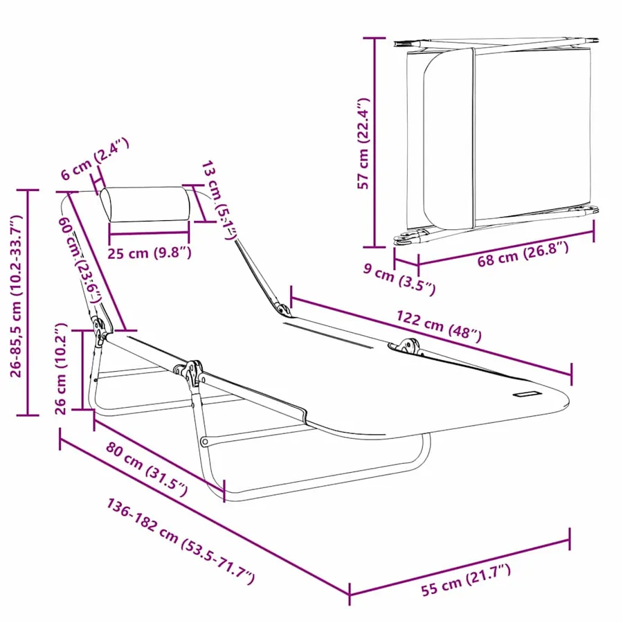 Chaise longue pliante Noir 182 x 55 x 85,5 cm Textilène - 11