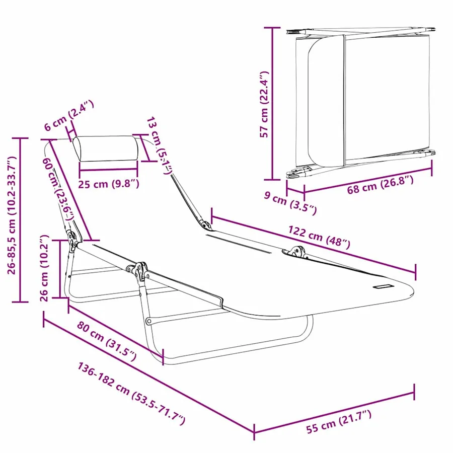 Chaise longue pliante Noir 182 x 55 x 85,5 cm Textilène - 22