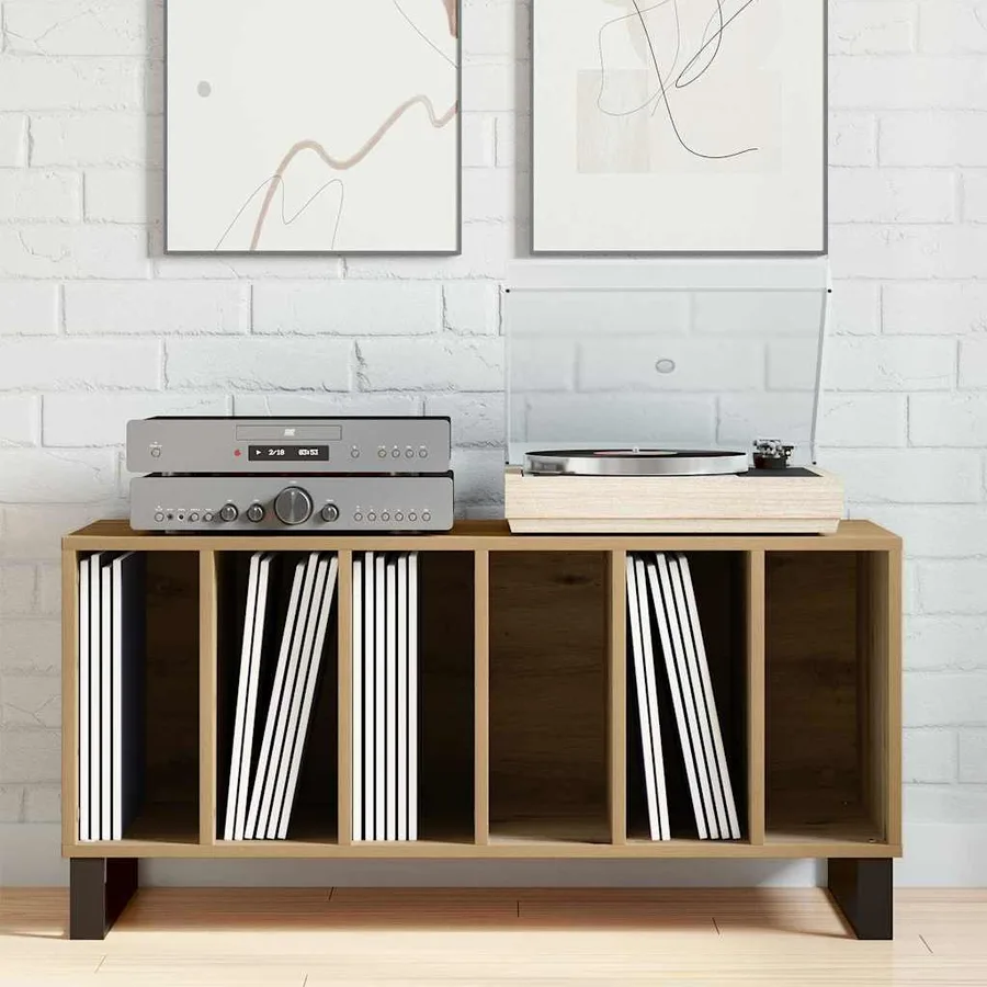 Meuble à vinyles chêne artisanal 100 x 38 x 48 cm - 4