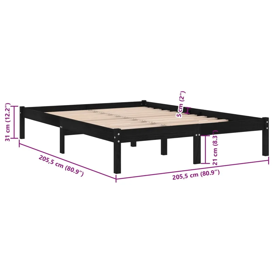 Cadre de lit sans matelas noir bois massif 200x200 cm - 8