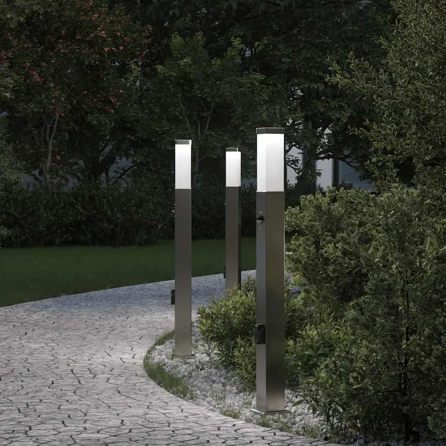 Bornes lumineuses avec détecteur et prise lot de 3 80 cm acier inoxydable IP44