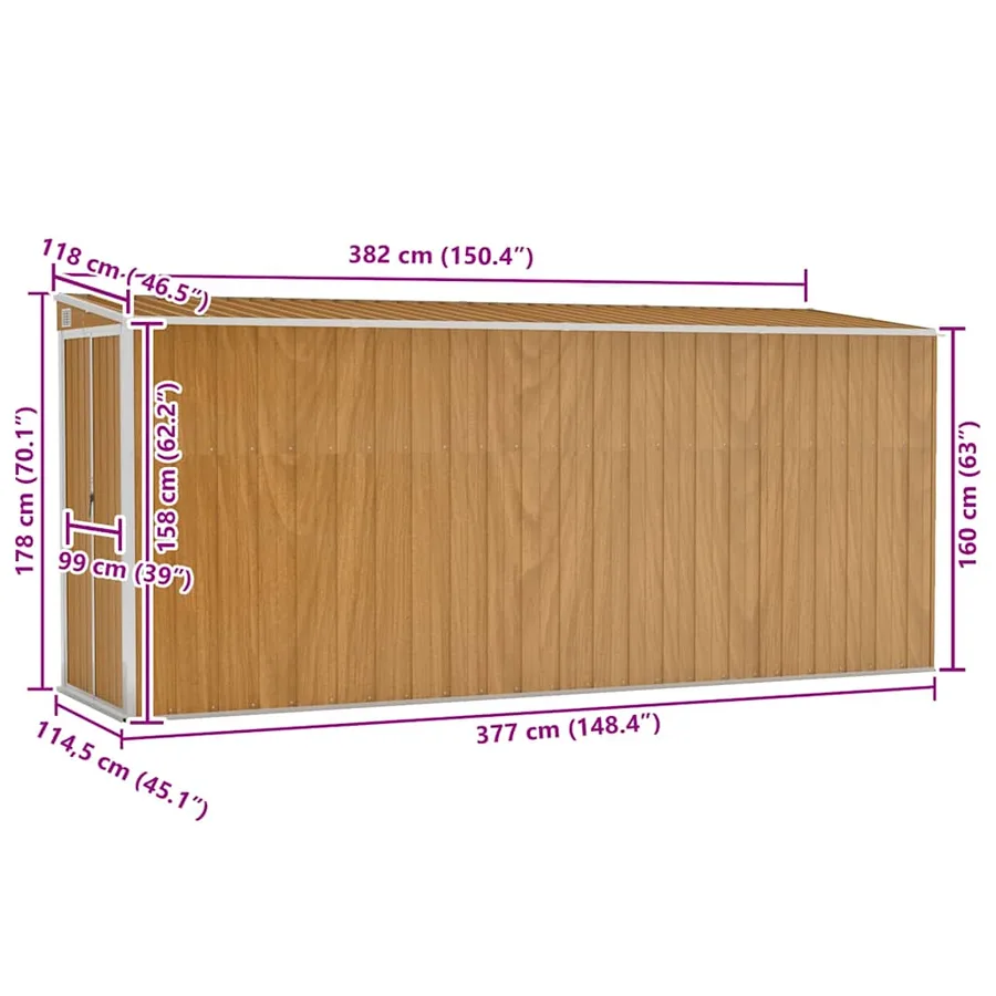 Abri de jardin mural marron 118 x 382 x 178 cm Acier galvanisé - 7