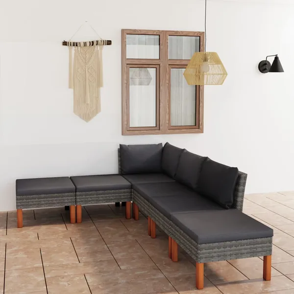 Salon de jardin 6 pcs avec coussins Résine tressée Gris