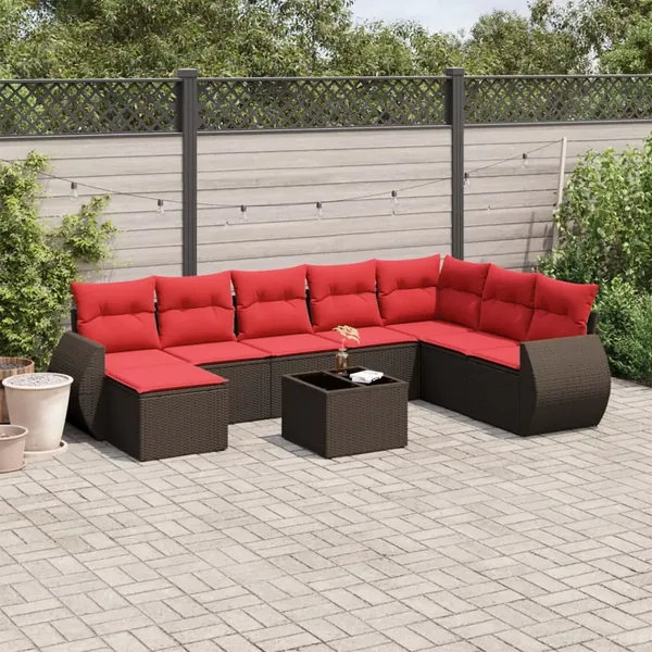 Ensemble de canapé de jardin 9 pcs avec coussins marron résine tressée