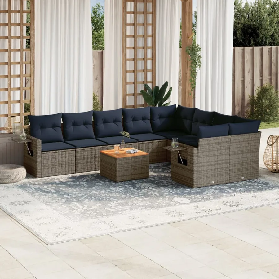 Ensemble de canapé de jardin 10 pcs avec coussins gris résine tressée