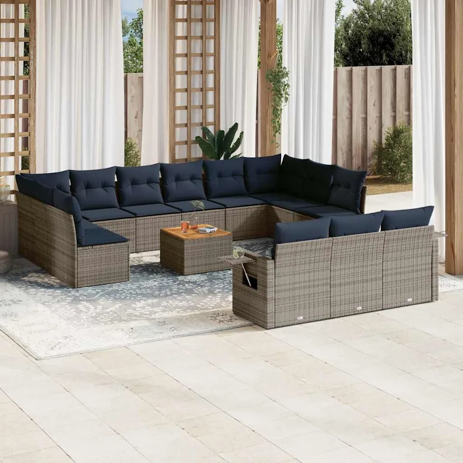 Ensemble de canapé de jardin 14 pcs avec coussins gris résine tressée