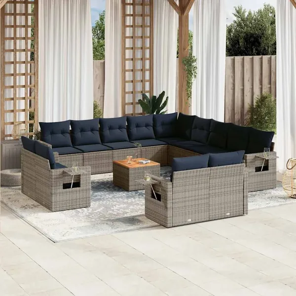Ensemble de canapé de jardin 14 pcs avec coussins gris résine tressée