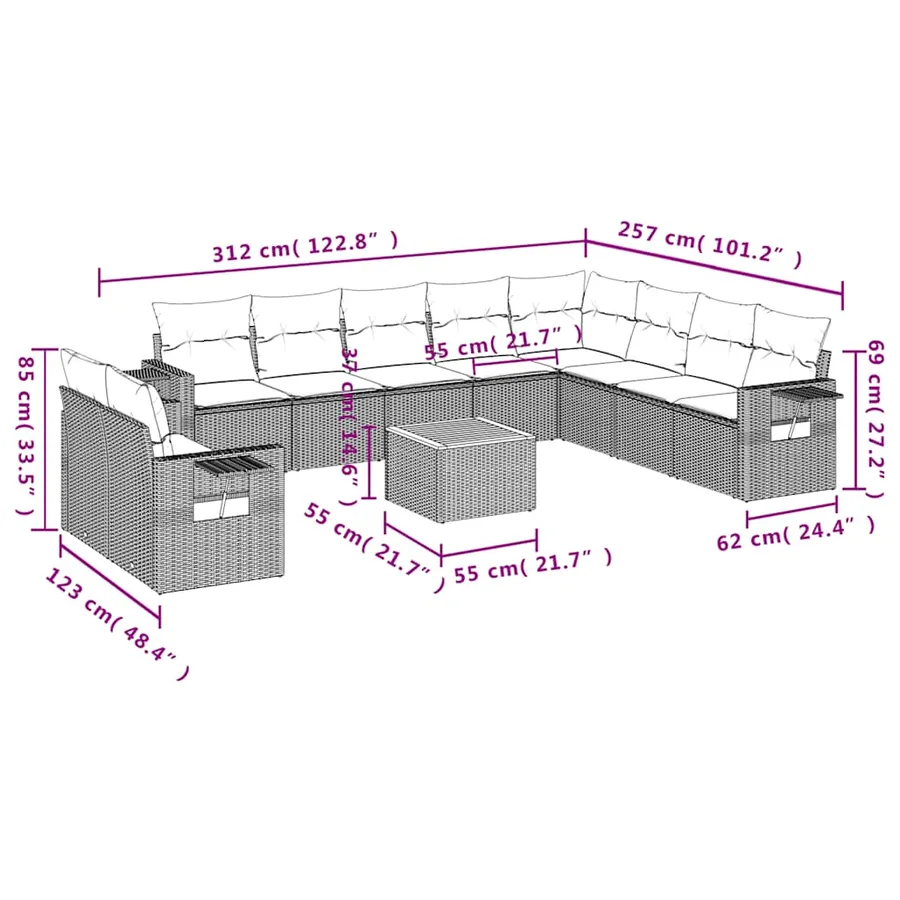 Ensemble de canapé de jardin 11 pcs avec coussins gris résine tressée - 9