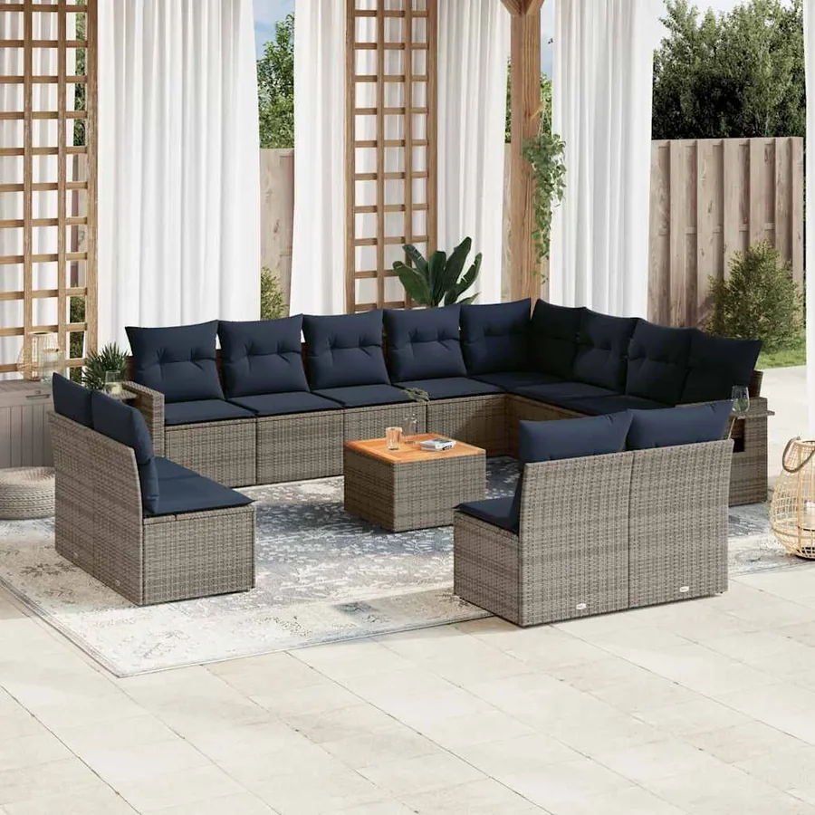Ensemble de canapé de jardin 13 pcs avec coussins gris résine tressée