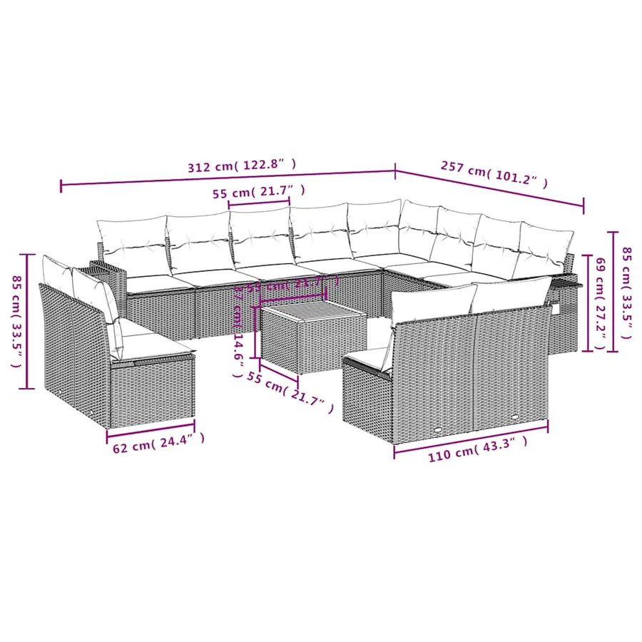 Ensemble de canapé de jardin 13 pcs avec coussins gris résine tressée - 9