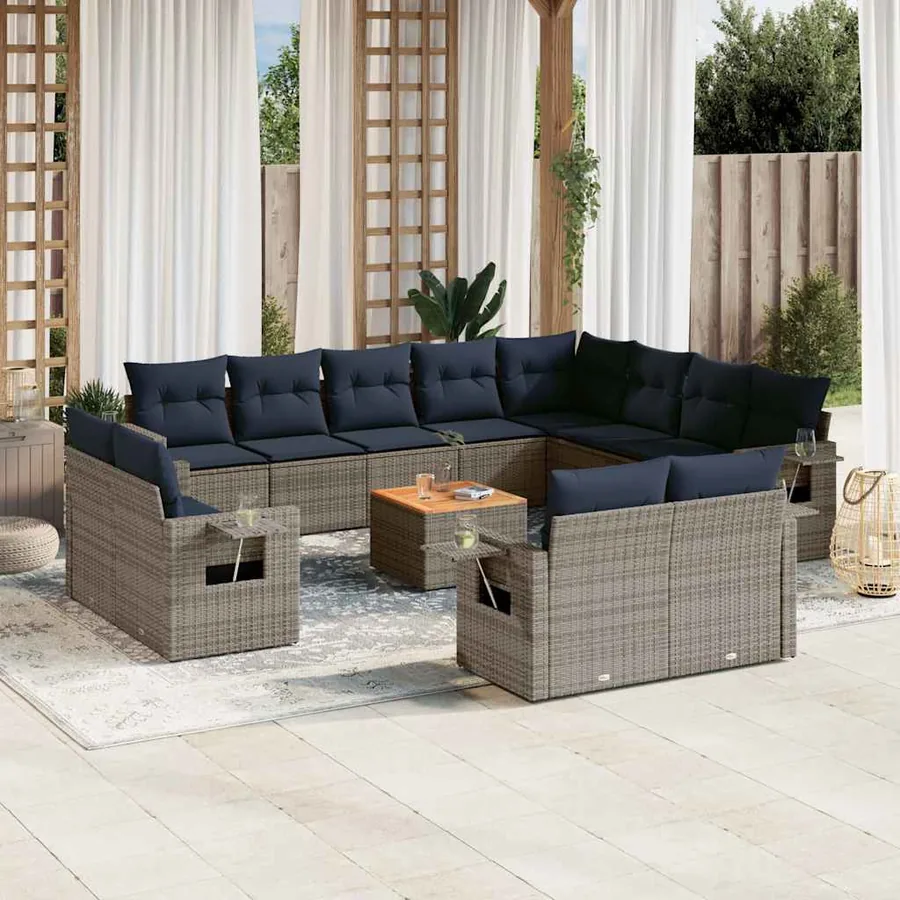 Ensemble de canapé de jardin 13 pcs avec coussins gris résine tressée