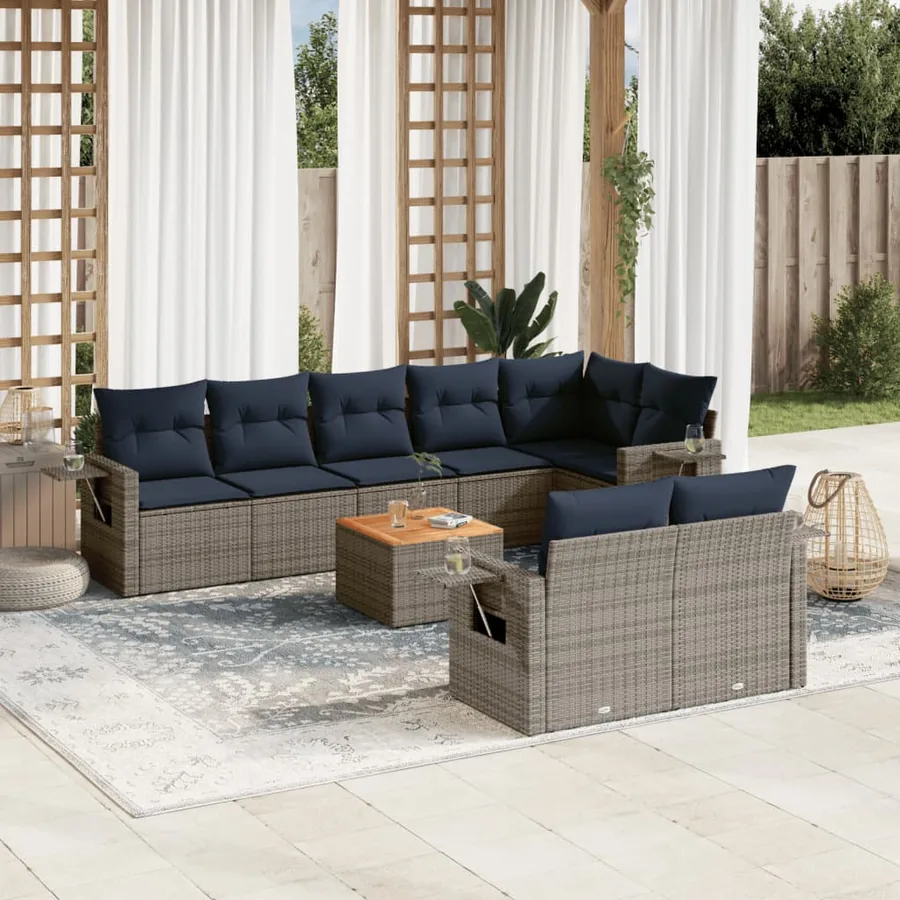 Ensemble de canapé de jardin 9 pcs avec coussins gris résine tressée