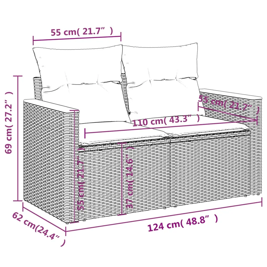 Canapé de jardin avec coussins 2 places en résine tressée grise - 9