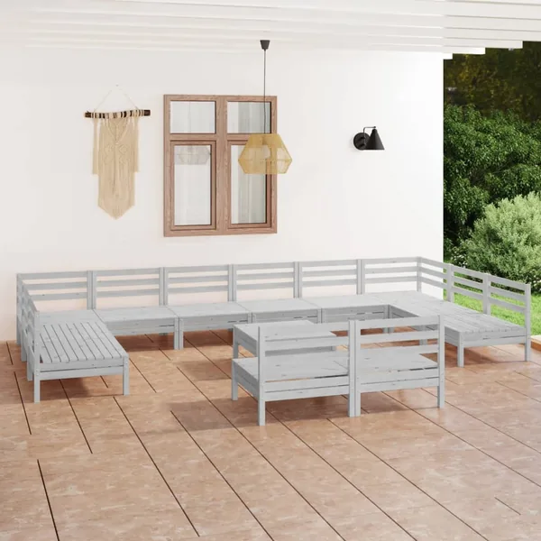 Salon de jardin 13 pcs Blanc Bois de pin massif