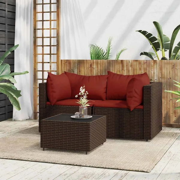 Salon de jardin 3 pcs avec coussins marron résine tressée