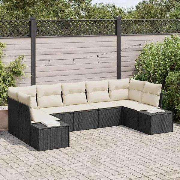 Ensemble de canapé de jardin 7 pcs Noir et Crème Poly rotin