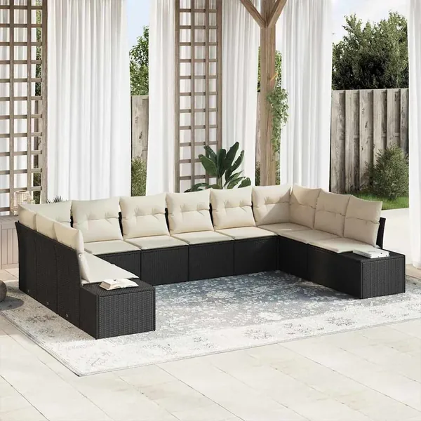 Ensemble de canapé de jardin 10 pcs Noir et Crème Polyrotin