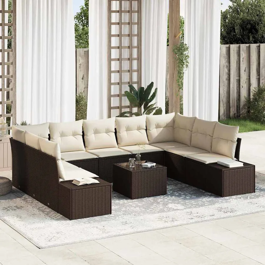 Ensemble de canapé de jardin 9 pcs Marron et Crème Polyrotin