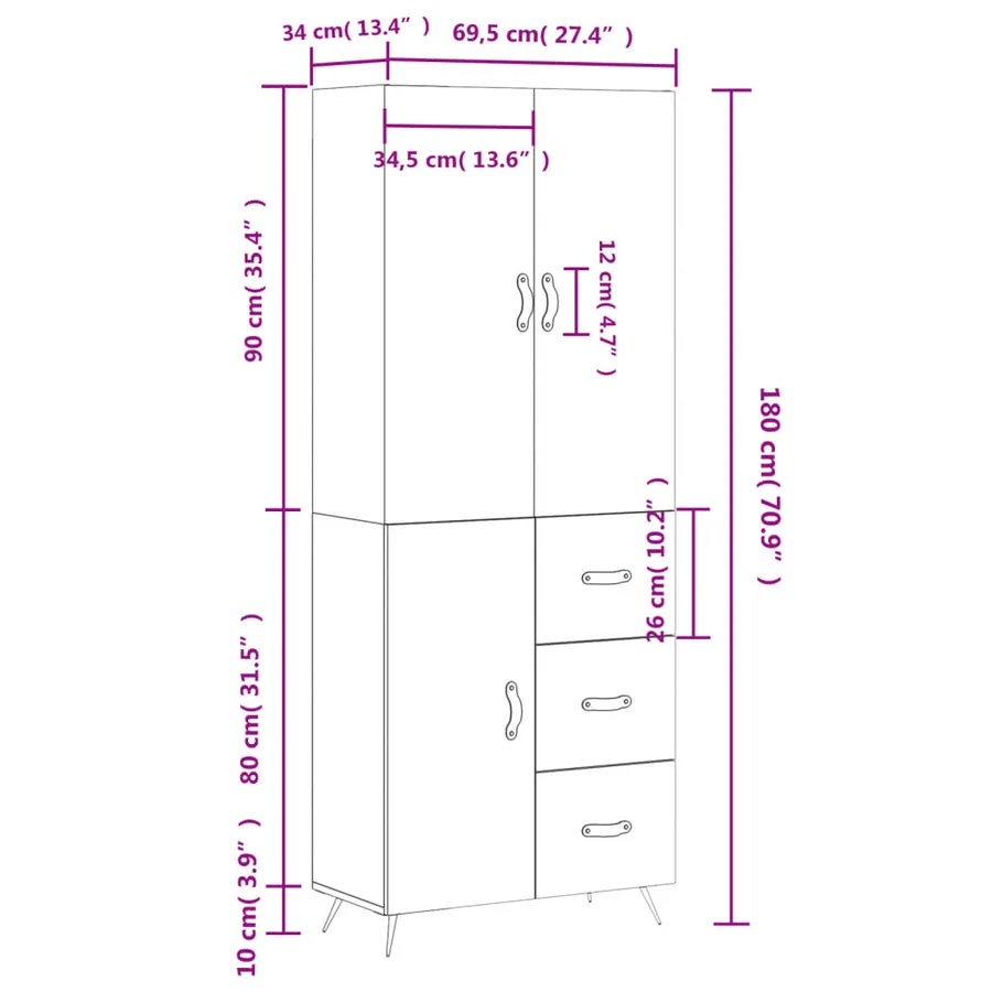 Buffet haut Gris béton 69,5x34x180 cm Bois d'ingénierie - 14