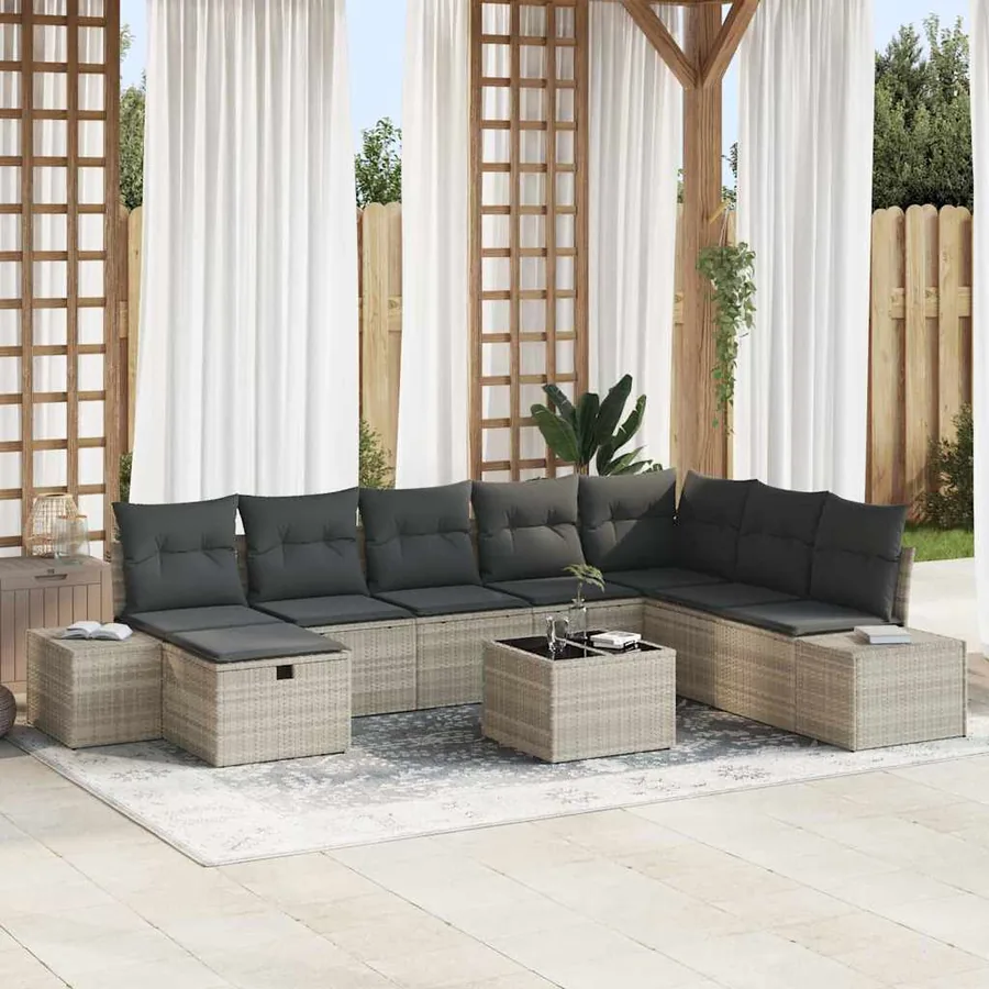 Ensemble de canapé de jardin 9 pcs Gris clair Poly rotin
