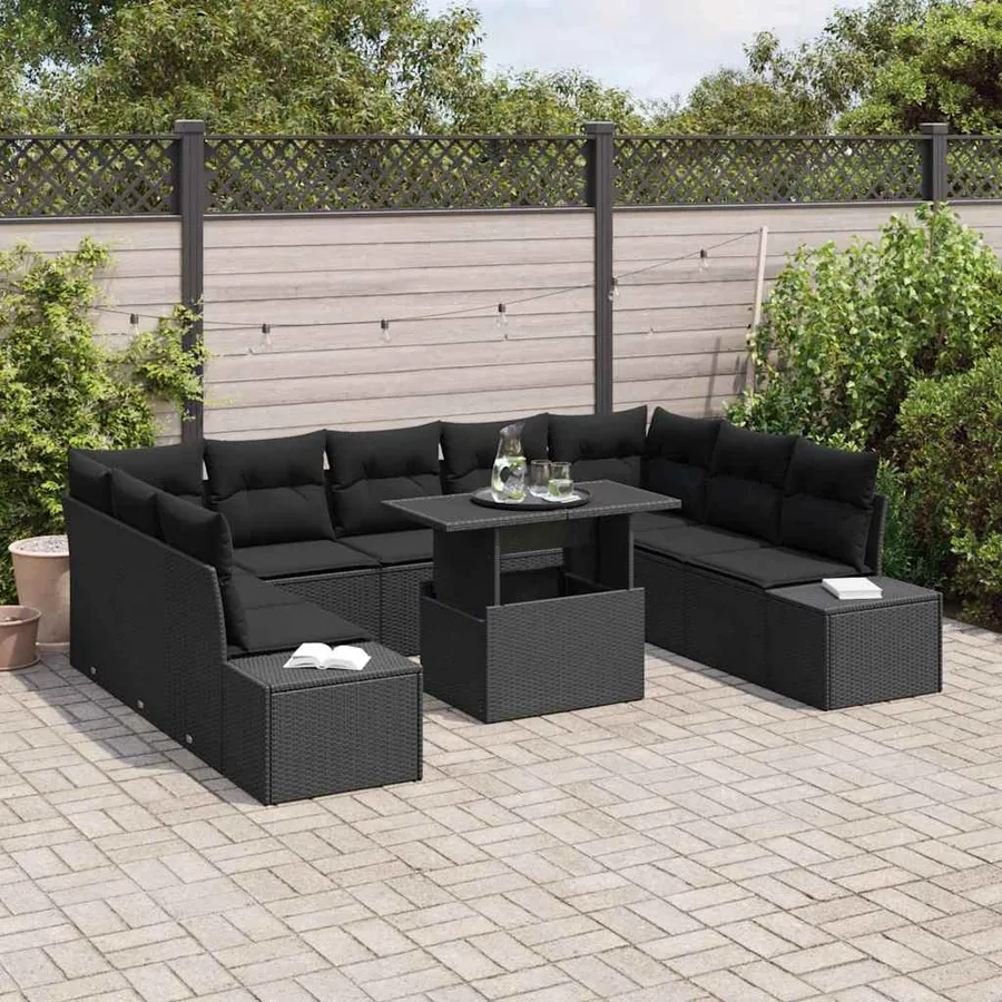 Ensemble de canapé de jardin avec coussin 10 pcs Noir polyrotin - 3