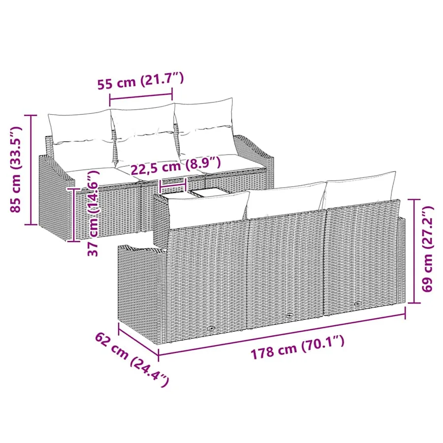 Ensemble de Canapés avec coussin 7 pcs Noir polyrotin - 11