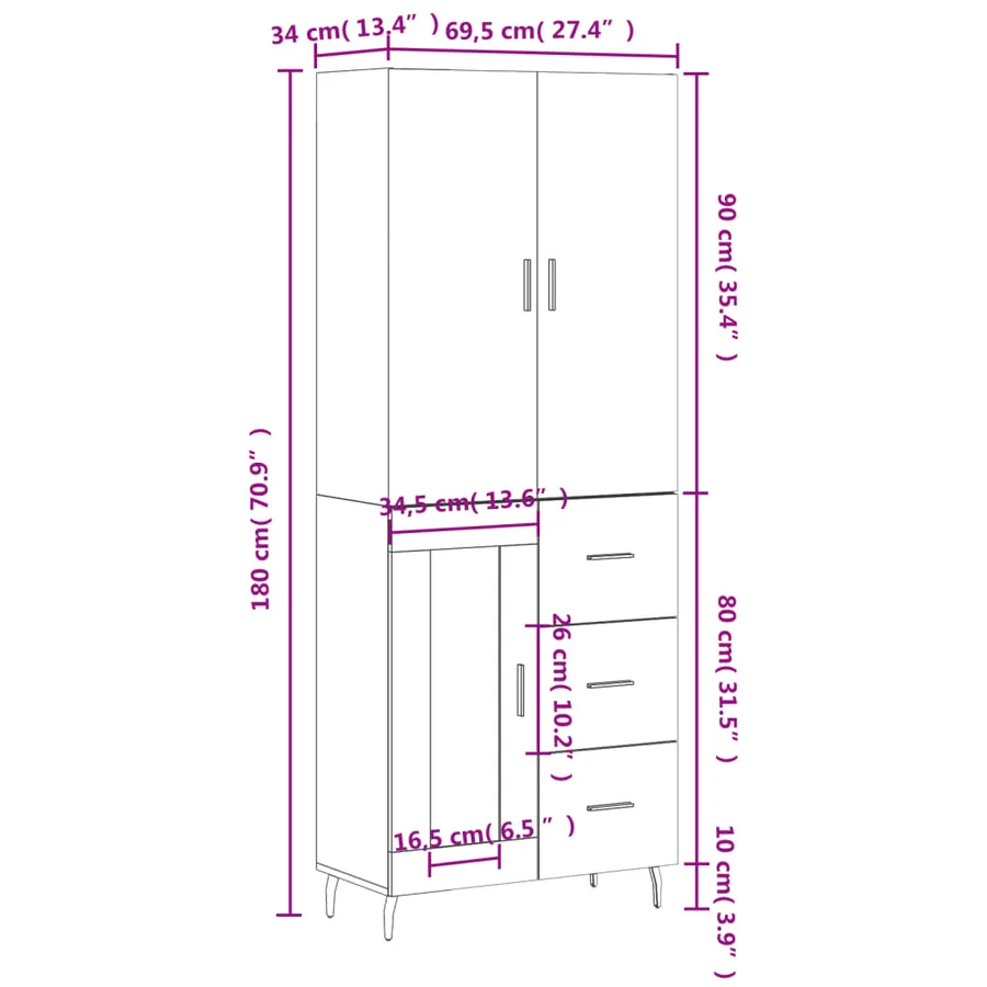 Buffet haut Blanc 69,5x34x180 cm Bois d'ingénierie - 14