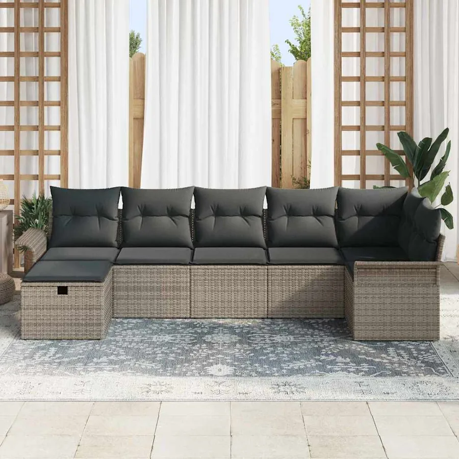 Ensemble de canapé de jardin avec coussin 7 pcs Gris polyrotin - 3