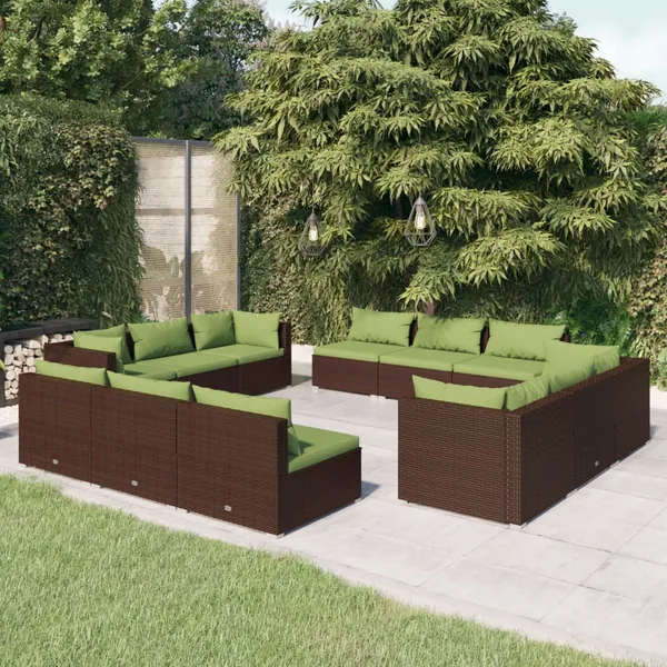 Salon de jardin 12 pcs avec coussins Résine tressée Marron