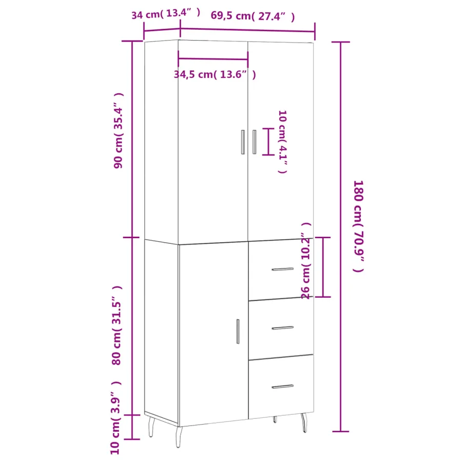 Buffet haut Sonoma gris 69,5x34x180 cm Bois d'ingénierie - 14