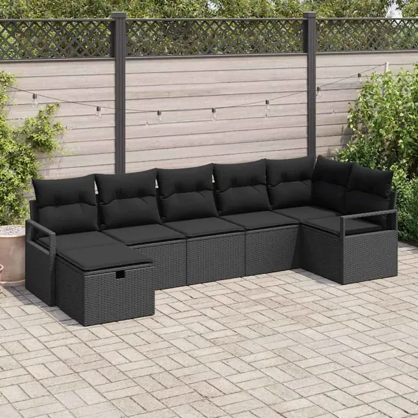 Ensemble de Canapés avec coussin 7 pcs Noir polyrotin