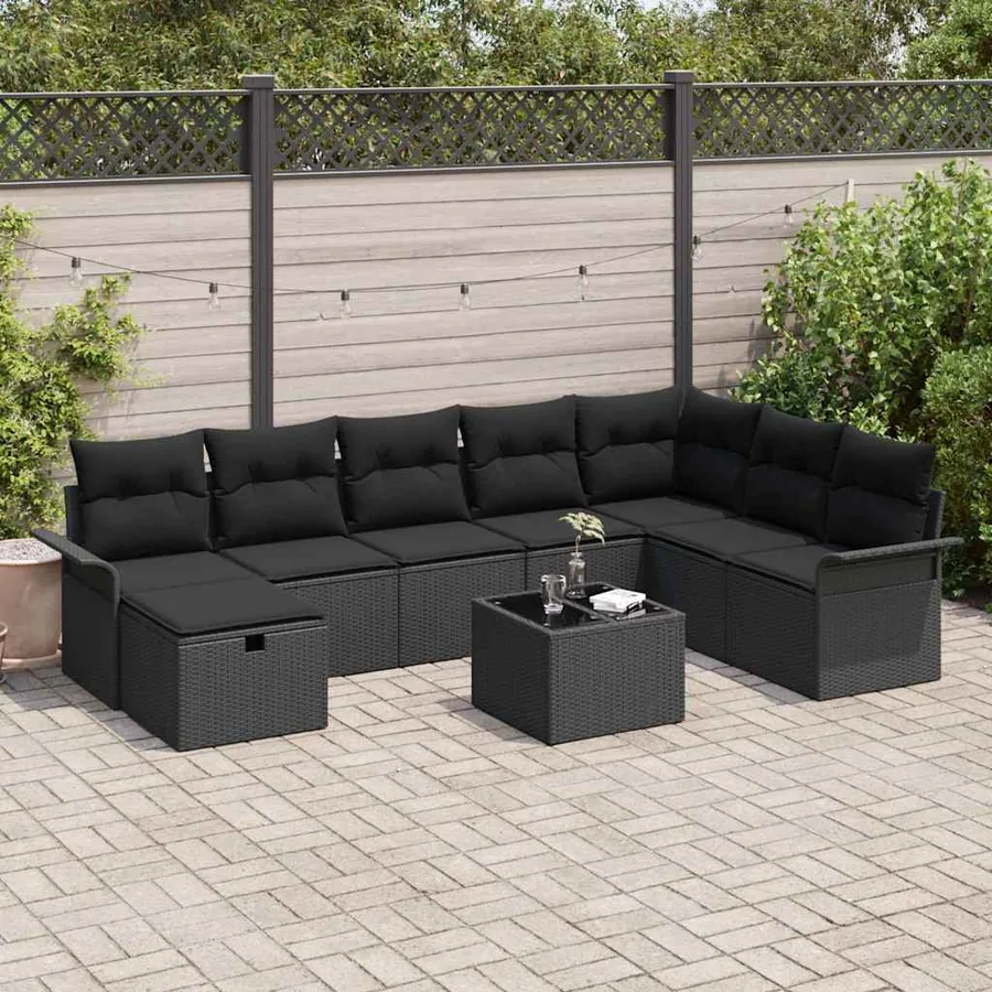 Ensemble de canapé de jardin avec coussin 9 pcs Noir polyrotin