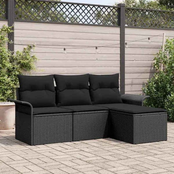 Ensemble de Canapés avec coussin 4 pcs Noir polyrotin
