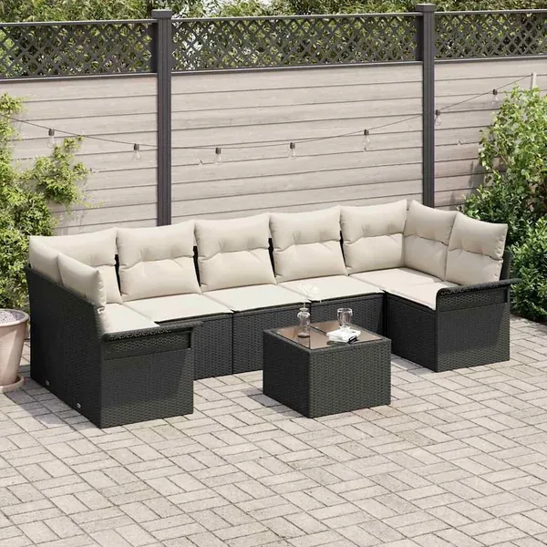 Ensemble de canapé de jardin 8 pcs Noir et Crème polyrotin