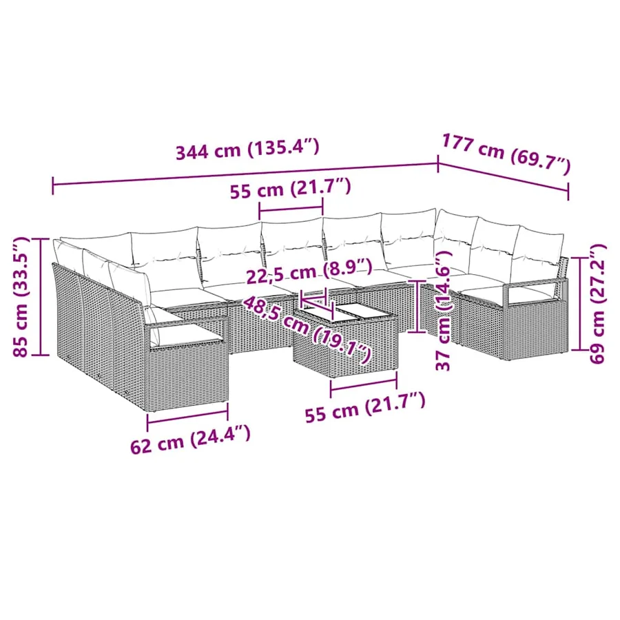 Ensemble de canapé de jardin 11 pcs Beige et crème polyrotin - 13