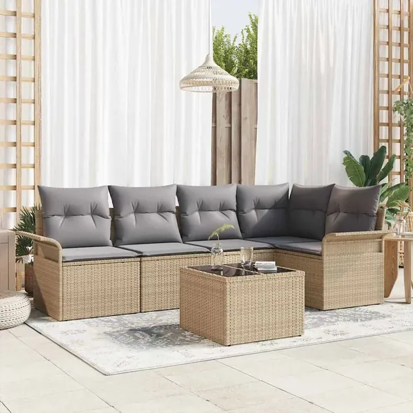 Ensemble de canapé de jardin avec coussin 6 pcs Beige polyrotin