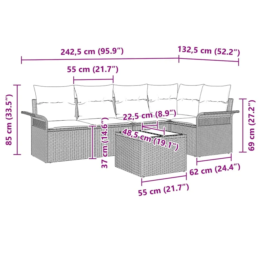 Ensemble de canapé de jardin avec coussin 6 pcs Beige polyrotin - 13