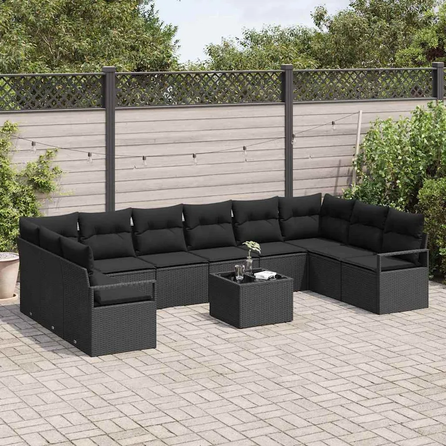Ensemble de canapé de jardin avec coussin 11 pcs Noir polyrotin - 3