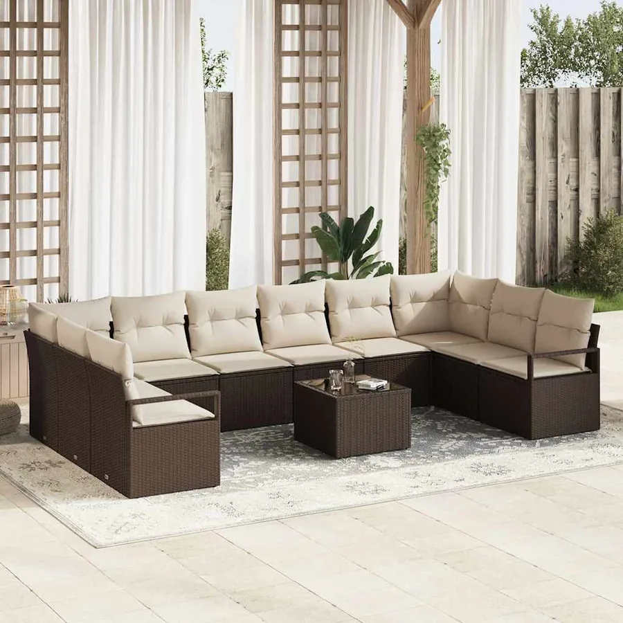 Ensemble de canapé de jardin 11 pcs Marron et Crème polyrotin