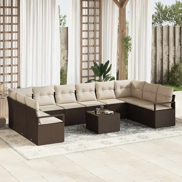 Ensemble de canapé de jardin 11 pcs Marron et Crème polyrotin