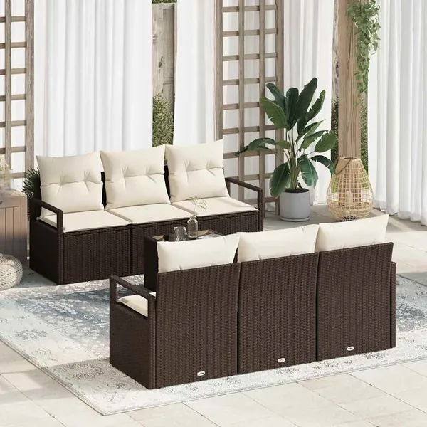 Ensemble de canapé de jardin 7 pcs Marron et Crème polyrotin
