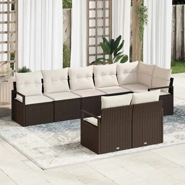 Ensemble de canapé de jardin 8 pcs Marron et blanc polyrotin