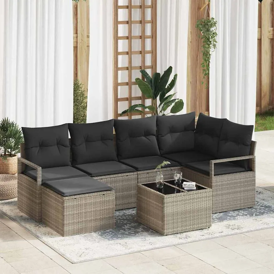 Ensemble de Canapés avec coussin 7 pcs Gris clair polyrotin