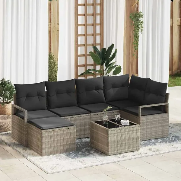 Ensemble de Canapés avec coussin 7 pcs Gris clair polyrotin