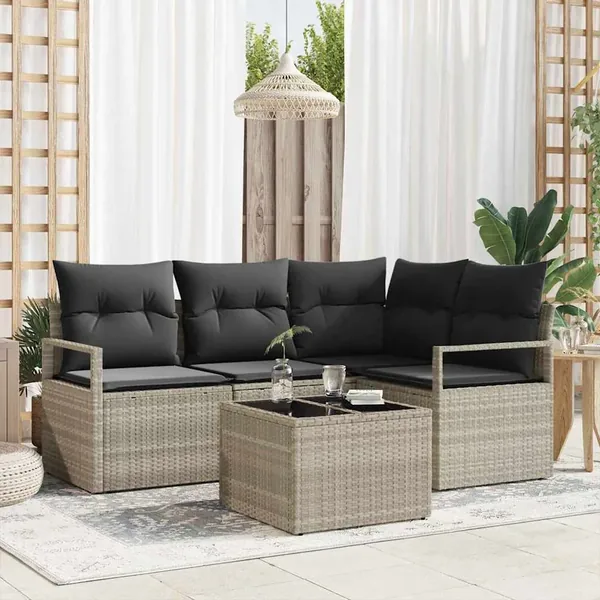 Ensemble de Canapés avec coussin 5 pcs Gris clair polyrotin