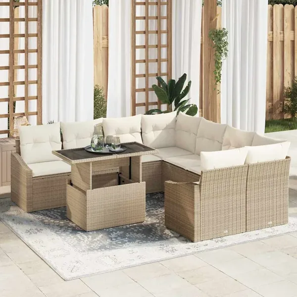 Ensemble de canapé de jardin 9 pcs Beige et crème polyrotin