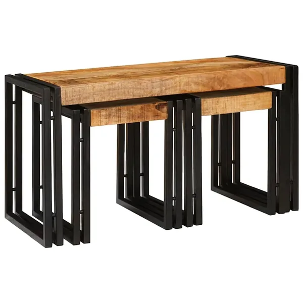 Table Gigogne 3 pcs Bois de Mangue Massif et Métal