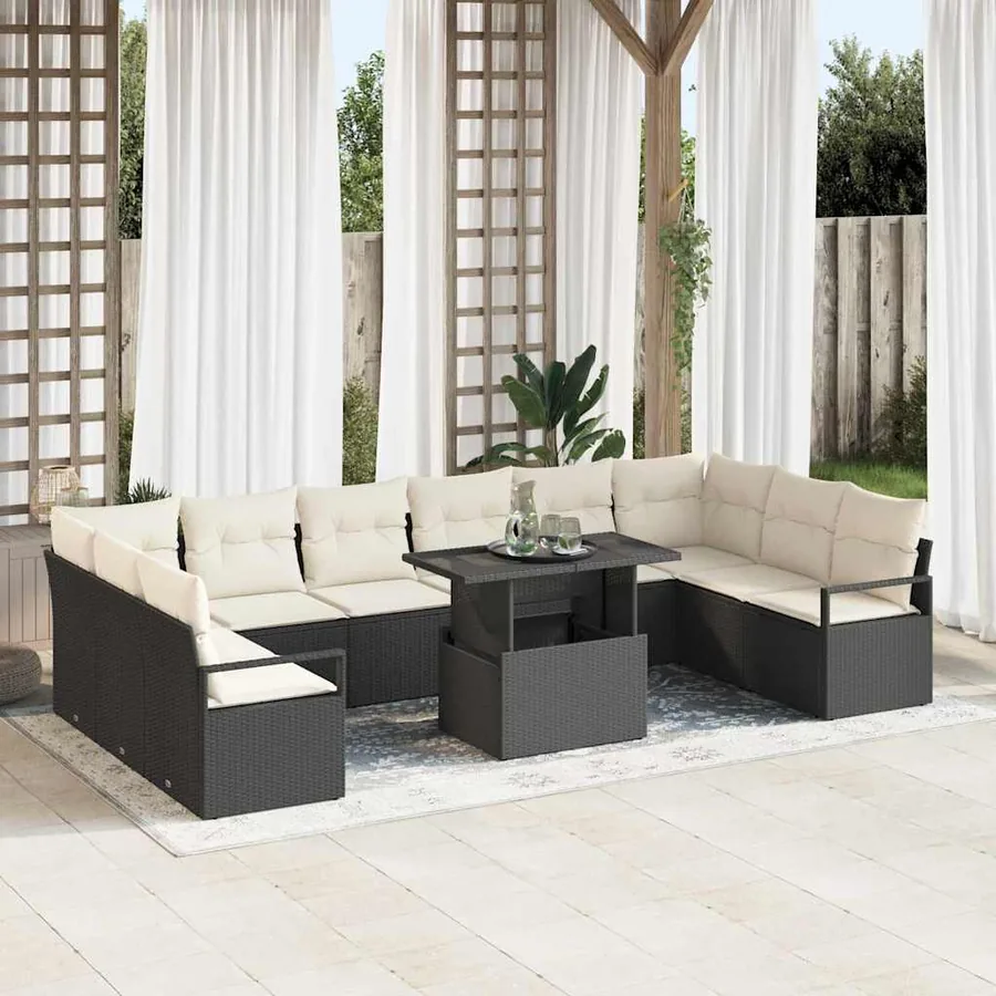Ensemble de canapé de jardin 11 pcs Noir et crème polyrotin